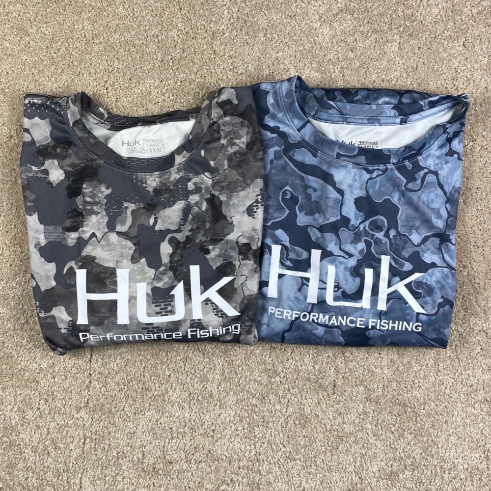 Lot of 2 Huk Performance Fishing Camo Shirts Mens XXXL Grey Blue Long Sleeve